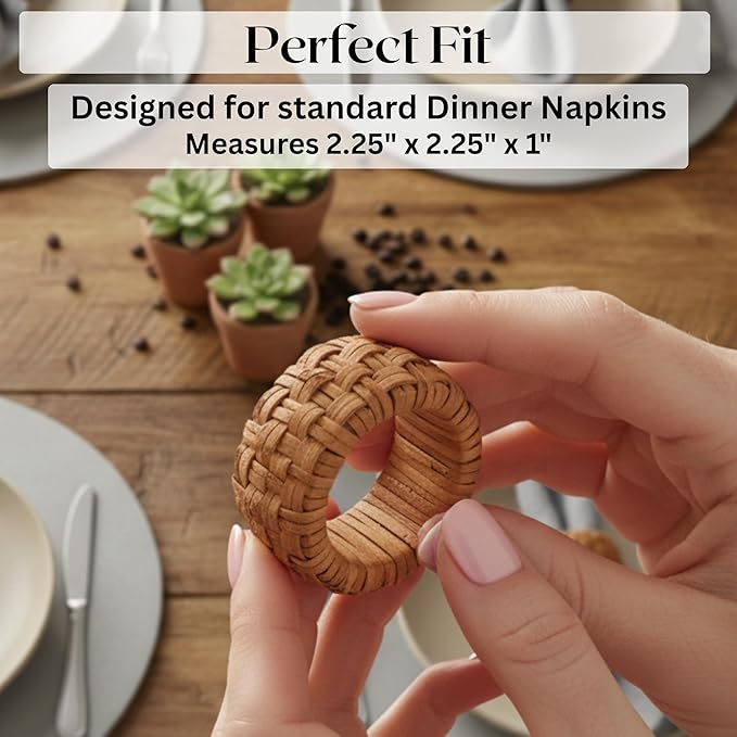ALPHA Living HOME 6 Pcs Boho Rattan Woven Napkin Rings, Farmhouse Water Hyacinth Wooden Rustic Napkin Rings Holders for Table Wedding Decor Home and Kitchen Décor (Brown)