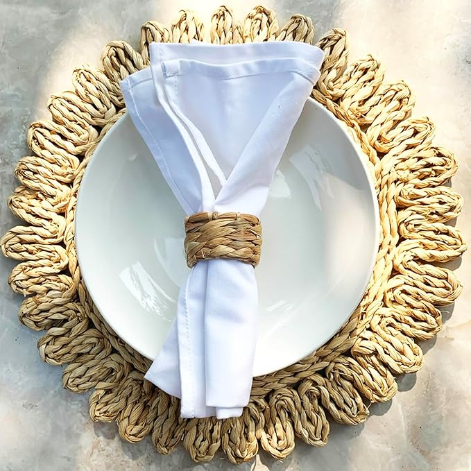 Set 12 Woven Water Hyacinth Napkin Rings | Rustic Boho Wicker Napkin Holders | Natural Farmhouse Rattan Napkin Ring for Christmas, Thanksgiving Dining Table, Wedding Party
