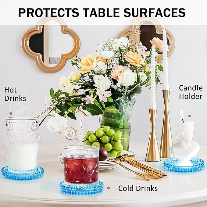 Modern Glass Coasters, GOH DODD Set of 6 Crystal Coasters Tabletop Protection for Drinks, Home Decor, Kitchen, Living Room, Patio, Wedding, Party, Housewarming Gifts, Clear Blue