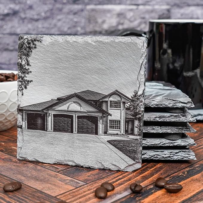 Blue Ridge Mountain Gifts - Custom Coasters Printed with Your Home, Closing Gift for Clients, Custom Gift from Realtor, New Home Gift, First House, Personalized Slate Square Coasters