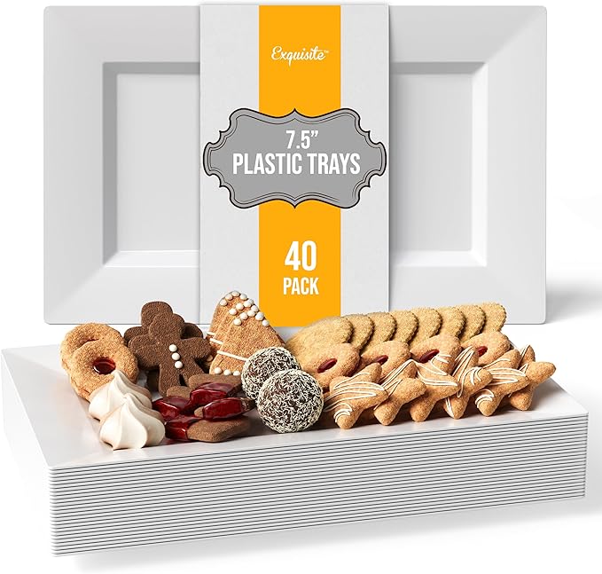 Exquisite Plastic Serving Trays For Party - 40 Pcs 7.5 Inch White Serving Platters, Plastic Trays For Food, White Tray, Food Tray Disposable Platters For Parties, Catering & Buffet