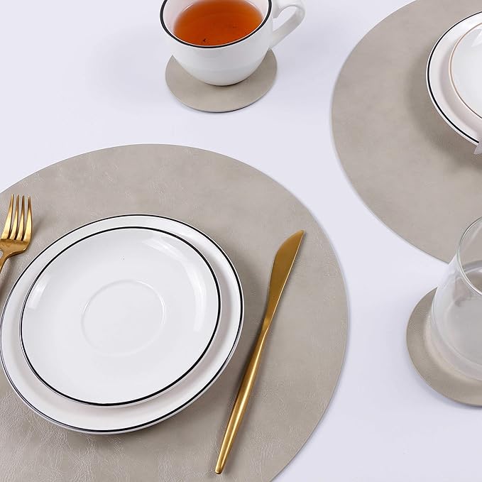 Set of 4 Faux Leather Round Placemats and Coasters, Coffee Mats Kitchen Table Mats, Waterproof, Easy to Clean for Kitchen Dining Round Table