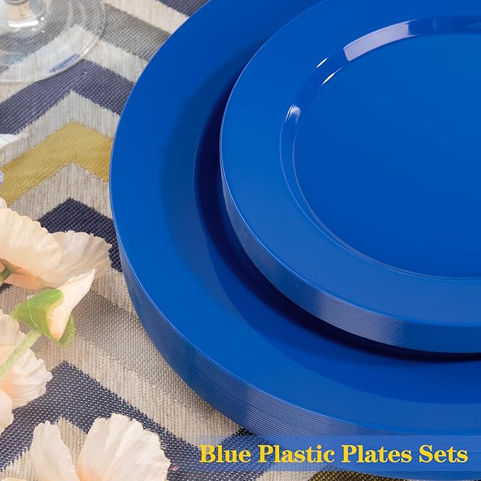 I00000 102 Pcs Plastic Plates, Plates Disposable Blue Party Plates Include 51 Blue Dinner Plate 10’’ and 51 Plastic Dessert Plate 7’’ Perfect for Wedding, Party