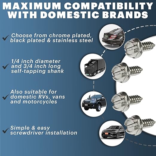 License Plate Screw Kit - Set of 8 Stainless Steel Screws for Front and Back License Plates, Frames and Covers on Domestic Cars, Trucks, SUVs - Rustproof, Self Tapping Mounting Bolts (Stainless Steel)