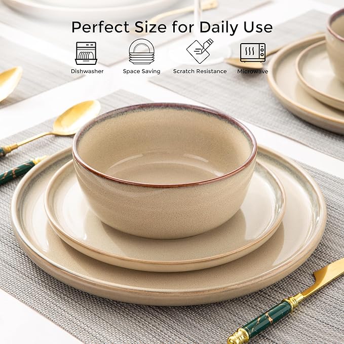AmorArc Stoneware Dinnerware Sets,Round Reactive Ceramic Plates and Bowls Set,Highly Scratch Resistant | Dishwasher & Microwave Safe Dishes,Service for 4 (12pc)