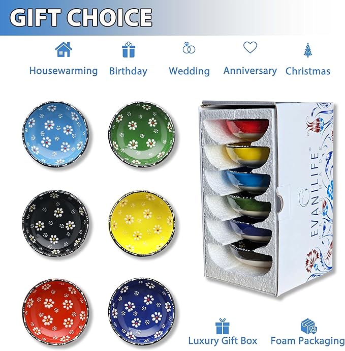 Ceramic Small Dipping Bowls Set of 6, 2.5 Oz Soy Sauce Dish, Handmade Charcuterie, Colorful Pinch, Dishwasher & Microwave Safe Sauce, Mini Bowls