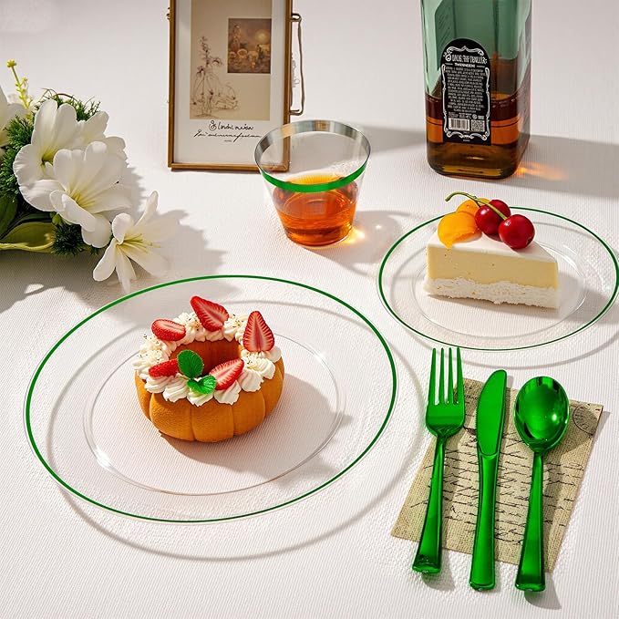 SUT 350 Pcs Green and Clear Plastic Dinnerware Set for 50 Guests, Include: 50 Dinner Plates, 50 Dessert Plates, 50 Pre Rolled Napkins With Silverware, 50 Cups, Disposable Plates for Party