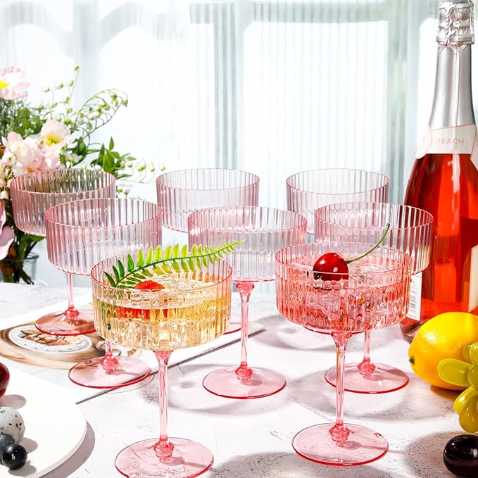 6 Pcs Ribbed Martini Glasses 10 oz Disposable Plastic Vintage Ribbed Coupe Glasses Unbreakable Dessert Parfait Glassware for Wedding Birthday Party Supplies (Pink)