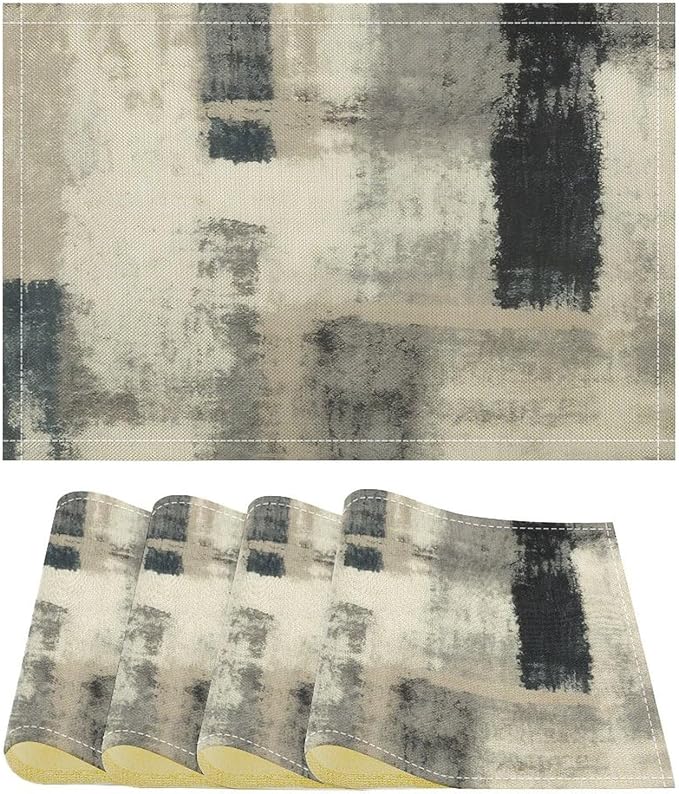 Gradient Placemat Set, Modern Minimal Fashion Abstract Beige Grey Blue Art Oil Painting Brush Strokes Patchwork Pattern Home Decor Linen Table Mats for Dining Room Kitchen Party (17x12in) x4P
