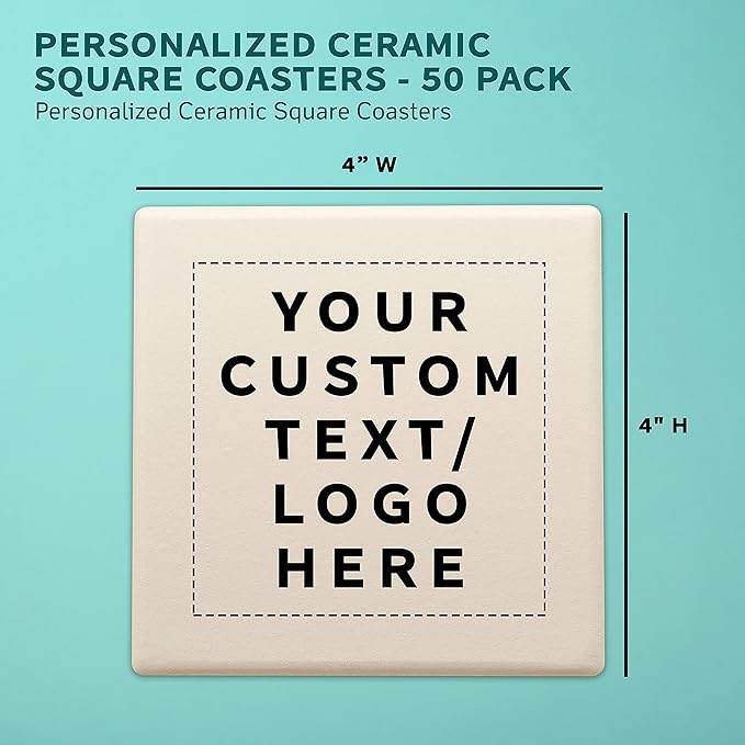 50 4" Square Ceramic Coasters Set - Customizable Text, Logo - Cork Bottom, Serve Ware - Natural