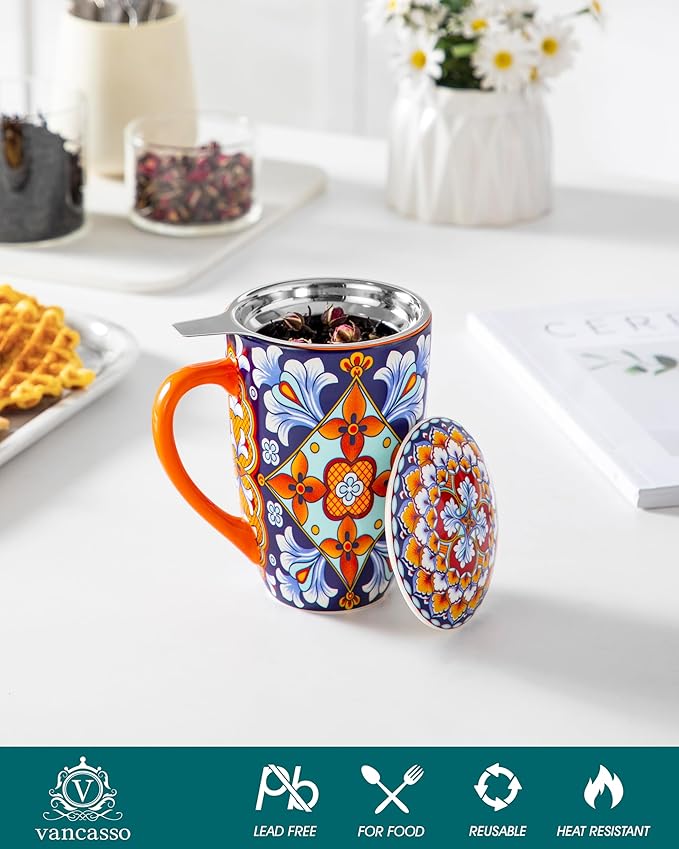 vancasso Ceramic Tea Mug with Infuser and Lid, 18 Ounce Bohemian Loose Leaf Cup, Microwave & Dishwasher Safe, Perfect for Tea, Coffee, Navy-Burnt Baroque