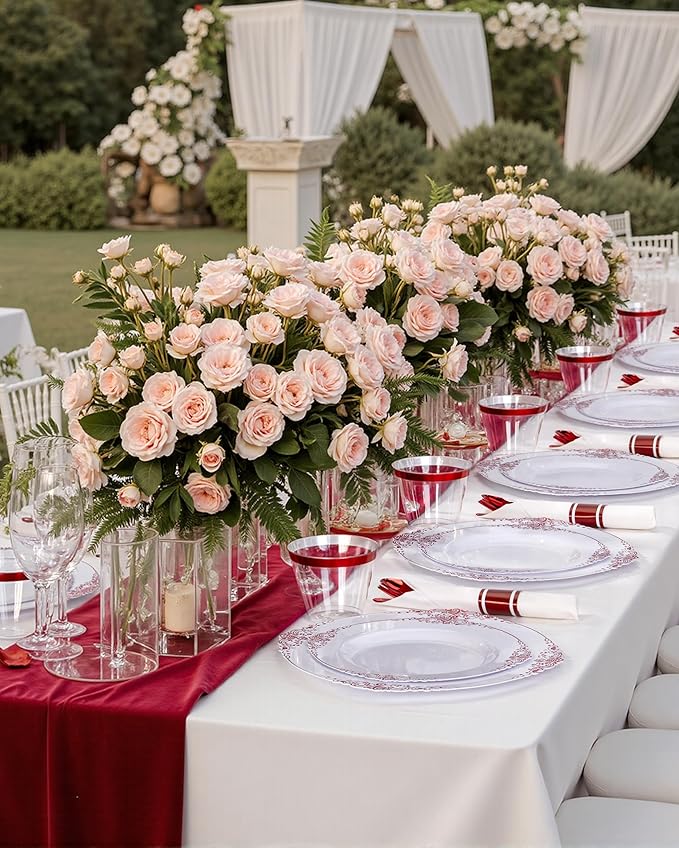Nervure 175PCS Red Plastic Plates - White Red Plastic Dinnerware Sets for 25 Guests - 50 Red Disposable Plates, 25 Pre Rolled Cutlery Set, 25 Cups Perfect for Wedding, Party