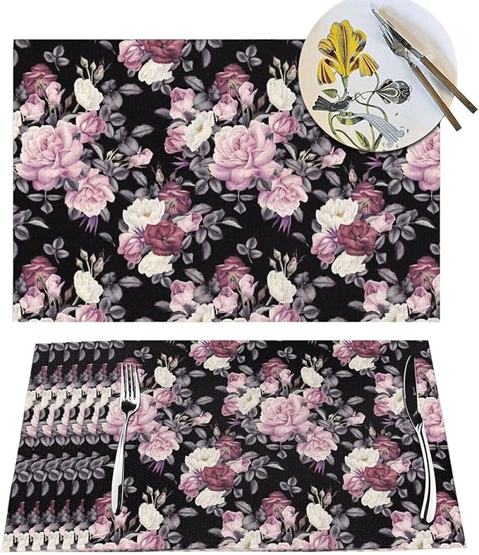 Vintage Floral Placemats Set of 4 Pink Rose Peony Flower Blossom Black Wipeable Table Mats Reusable Washable PVC Rectangle Place Mats for Kitchen Dining Home Decor 12x18 Inches