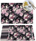 Vintage Floral Placemats Set of 6 Pink Rose Peony Flower Blossom Black Wipeable Table Mats Reusable Washable PVC Rectangle Place Mats for Kitchen Dining Home Decor 12x18 Inches