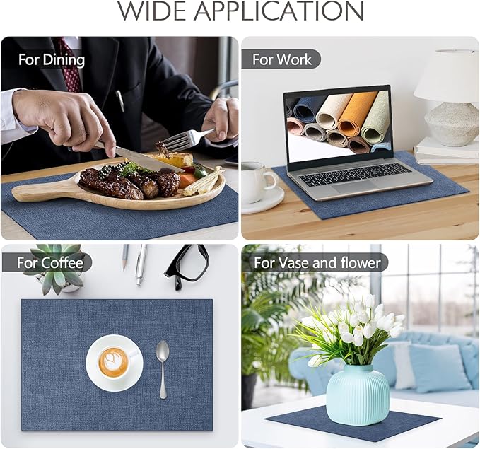 Faux Leather Placemats Set of 6 Washable PU Table mats for Kitchen Table - Heat Resistant, Waterproof, Easy Clean, Anti Slip 11.8" x 17" (Dark Blue-6 Pack)