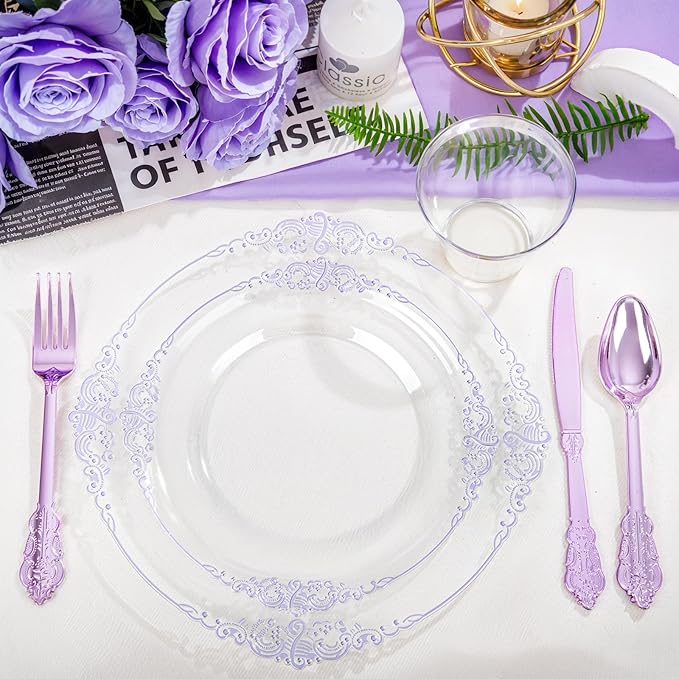 Hioasis 175pcs Clear and Purple Plates - Purple Party Plates for 25 Guest, Include 50 Heavy-duty Plates(20% Thicker Than Standard), 25 Pre Rolled Gold Plastic Silverware Set, 25 Cups