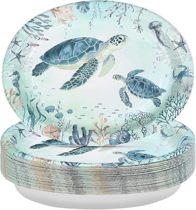 50Pcs Coastal Turtle Oval Paper Plates 10" X 12" Large Disposable Heavy Duty Ocean Blue Sea Turtles Paper Platters Sea Coral Starfish Plates for Holiday Summer Birthday Party Supplies
