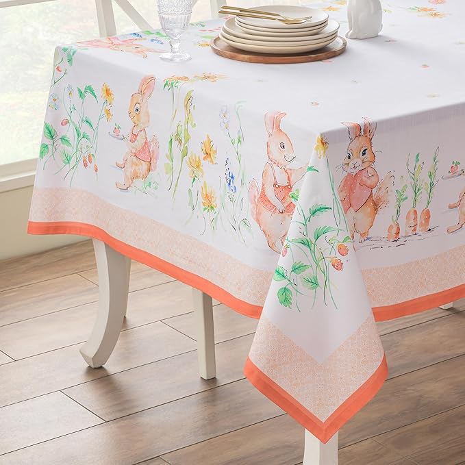 Maison d' Hermine Table Cloth Square Table 100% Cotton 60 x 60 Inches Tablecloth Reusable Decorative for Dining Room Farmhouse Home Valentines Day Decorations Spring Summer - Bunny Party