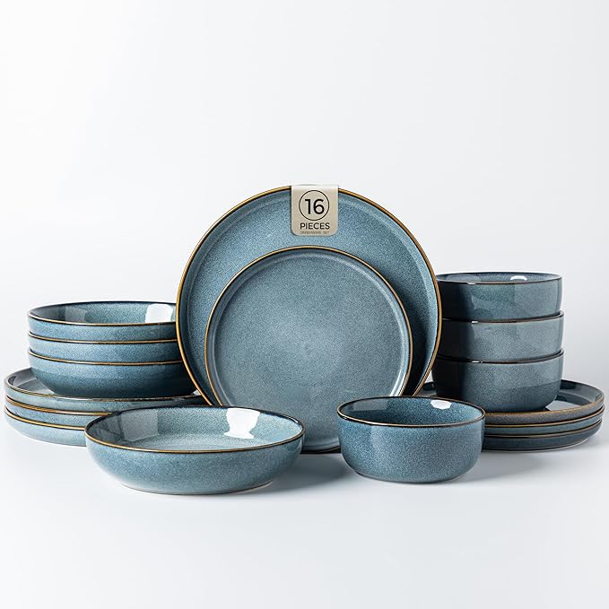 GBHOME 16 Pieces Double Bowls Ceramic Dinnerware Sets for 4, Stoneware Plates and Bowls Set with Reactive Glaze, Scratch Resistant Stoneware Dishes Set, Dishwasher & Microwave Safe