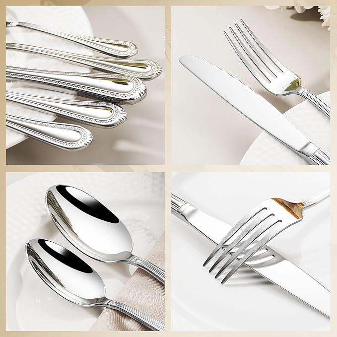 Heavy Duty Silverware Set for 12, 18/10 Stainless Steel, 60 Pieces Silverware Knife Spoon and Fork Set, Dishwasher Safe Flatware Set with Beaded Edge Handle