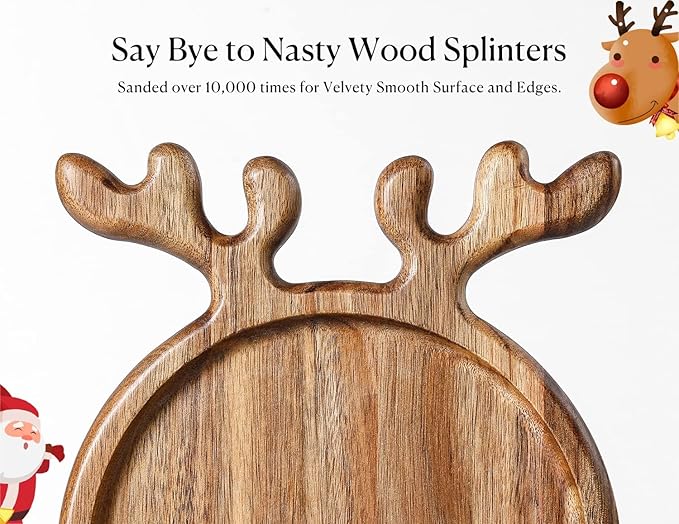 Acacia Wood Christmas Serving Platter with Antler Handle, 8"×10" Round Wooden Food Dish Plate, Decorative Charcuterie Board for Cheese Bread, Christmas Platter for Housewarming Decro Wedding