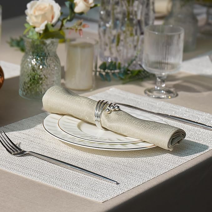 Leetaltree Luxury White and Silver Woven Placemats Set of 6 - Waterproof Washable Textured Table Mats for Wedding, Anniversary, Daily Use - Sparkling Metallic Thread Table Decor - Hand-Cut
