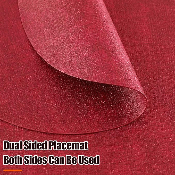 Homaxy Round Faux Leather Placemats and Coasters, Washable Dual-Side Table Mats, Wipeable Heat-Resistant Dining Place Mats for Outdoor and Indoor, Set of 4, Diameter 13 and 3.93 inch, Red