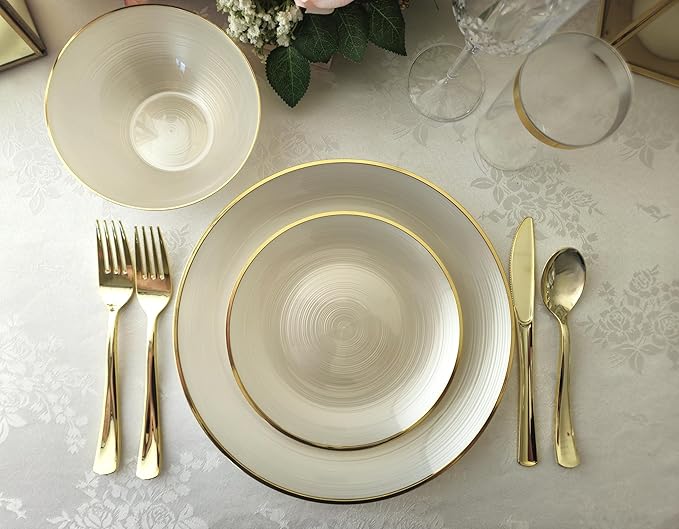 " OCCASIONS " 240 Plates Pack,(120 Guests) Premium Wedding Party Disposable Plastic Plates Set -120 x 10'' Dinner + 120 x 7'' Salad/Dessert (Belize in Ivory & Gold)
