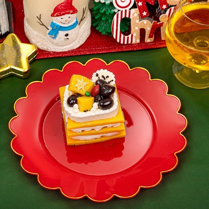 SUT 72Pcs Red Plastic Plates-7.5inch Dessert Plates with Gold Trim, Red Disposable Plates,Fancy plastic plate, Heavy Duty Plastic Plate for Wedding & Parties