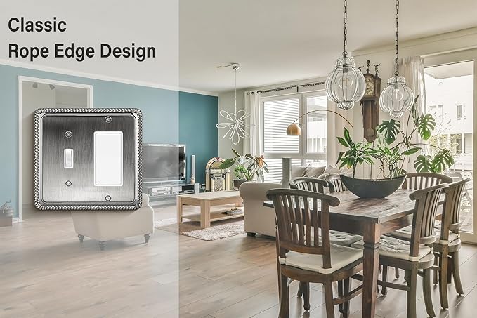 Henne Bery Rope Edge Decorative Wall Plate Switch Plate Outlet Cover (Toggle/Decorator, Heirloom Silver)