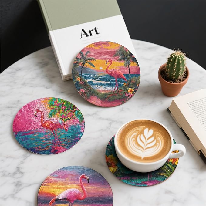 Flamingo Coasters Leather Round Drink Coasters 6 Pcs Set with Holderor for Cup Drink Coffee Table Bar Home Decor