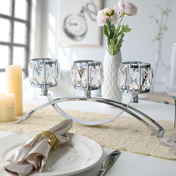 3 Arms Crystal Candle Holders, Arch Candlestick Table Candelabras Centerpieces for Wedding, Dinning Room, Cabinet Ornaments, Home Decoration， Gift (Silver, 2 Pcs-3 Arm Arched)