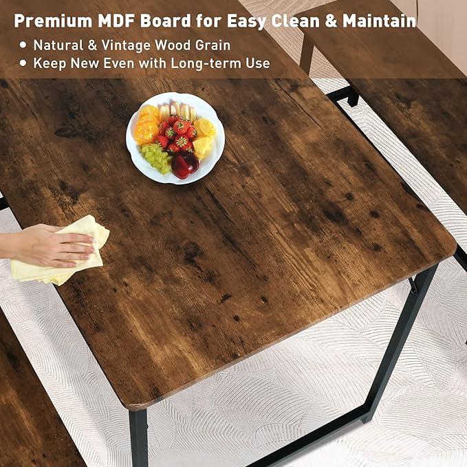 Kitchen Table Set with 2 Benches, Breakfast Nook Table Set, Wood Dining Table Set for 4-Person Space-Saving Dinette for Kitchen, Farmhouse Classic Modern, Rustic Brown