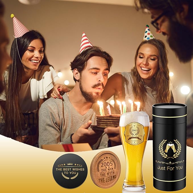 21st Birthday Beer Glasses Gifts, Personalized '2005' Vintage Glass Ware Set for Men, Black Gift Package with Drinking Glass, Coaster, and Card for 21 Years Old Man