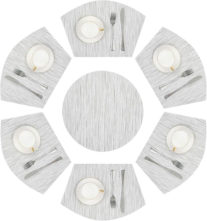 SHACOS Round Table Placemats Set of 7 Wedge Shaped Place Mat with Round Centerpiece Mat Heat Resistant Table Mats Washable (7, Gray White)