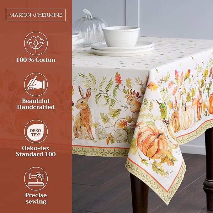 Maison d' Hermine Table Cloth Rectangle Table 100% Cotton 60 x 90 Inches Fall Tablecloth Reusable Everyday Use for Thanksgiving Christmas Decorations Dining Farmhouse Party (Pumpkin Passion)