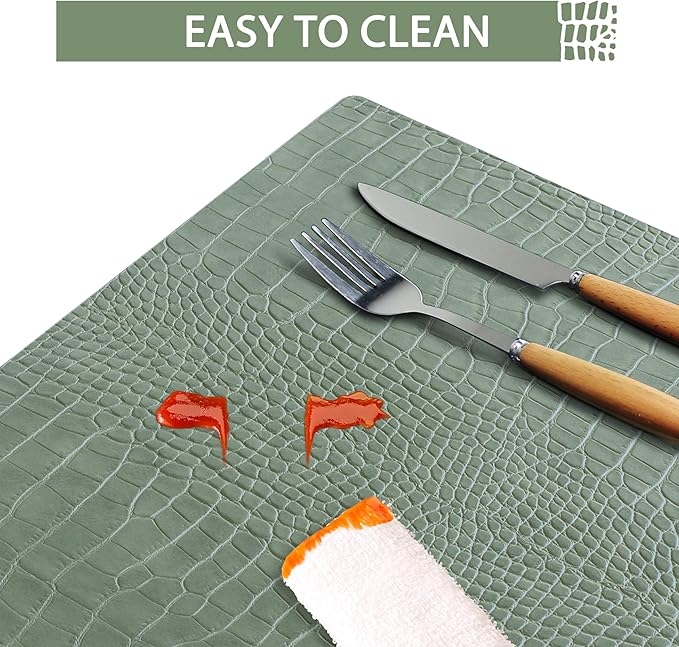 Jovono Faux Leather Placemats Set of 4, Waterproof Heat Resistant Dinner Place Mats for Dining Table, Non-Slip Crocodile Embossed, Green (17.8x11.8 Inch)