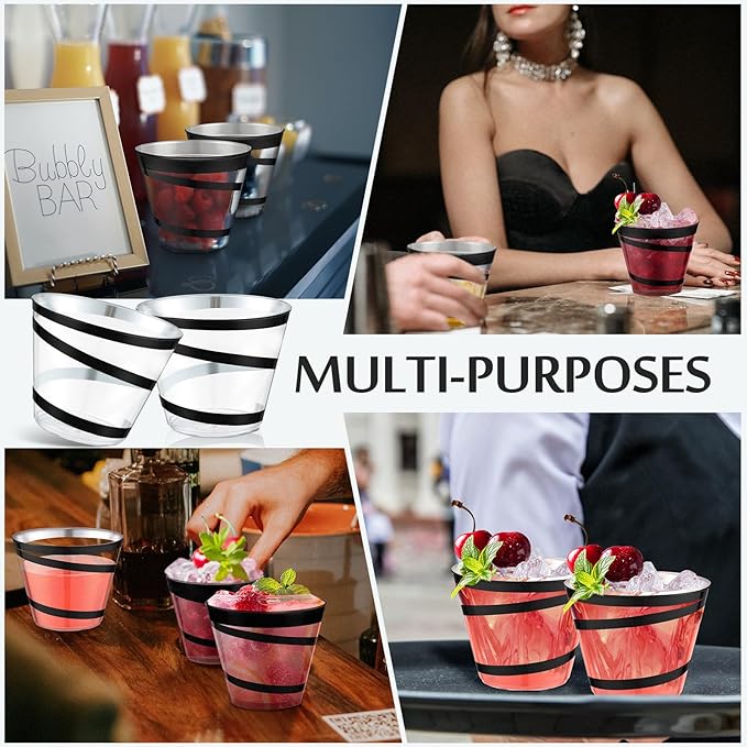 Gejoy 9 oz Rimmed Swirl Plastic Cups Disposable Wine Drinking Cups Clear Elegant Halloween Tumblers for Christmas Party Supplies(Black,50 Pcs)