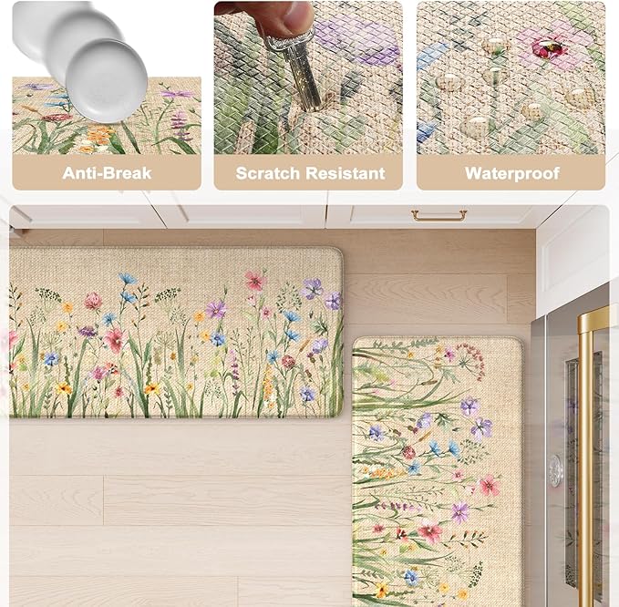 KIMODE Anti Fatigue Mats for Kitchen Floor 17.3"x29", Cushioned Kitchen Rugs, Non Slip Waterproof Kitchen Floor Mat, Floral Comfort Standing Mat for Laundry, Office, Sink, Desk Brown