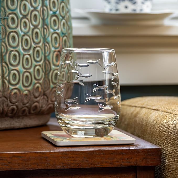Rolf Glass School of Fish Clear Stemless Wine Glass | Set of 4 Stemless Glasses | 15oz Glass Tumblers | Engraved Lead-Free Coastal Glassware | Made in the USA
