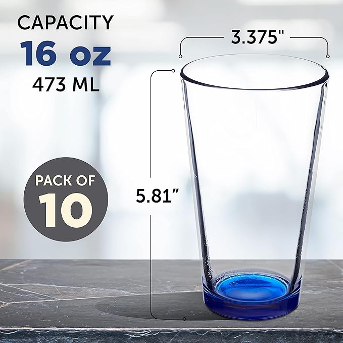 DISCOUNT PROMOS Beer Pint Glasses 16 oz. Set of 10, Bulk Pack - Heavy Duty Glassware for Restaurant, Thick Base and Walls, Stackable - Blue