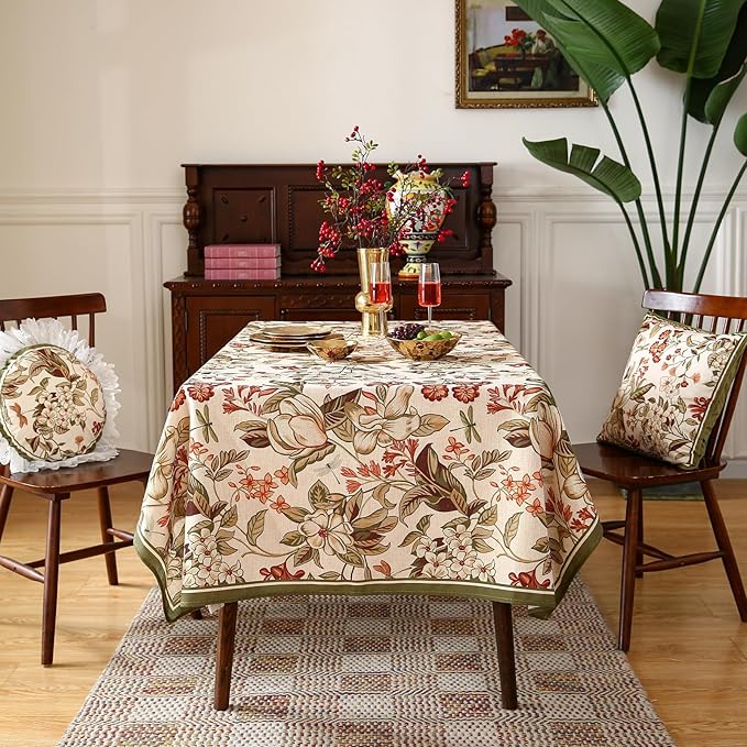 ISAENNE Designer Bohemian Linen Extra Long Tablecloth Rectangle,Colorful Floral Pattern Table Cloth,Wrinkle Resistant Decorative Tablecloths for Dining Thanksgiving Kitchen,67"*118"-Grace A
