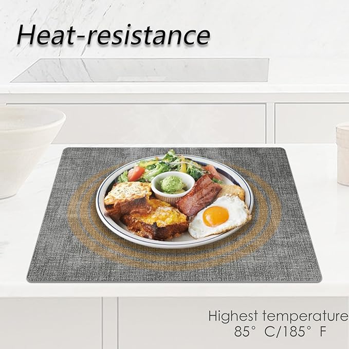 Placemats Set of 6 Faux Leather Heat Resistant Tables Mats Waterproof Oilproof Wipeable Reversible Anti-Slip Place Mats for Kitchen/Dining/Party/Outdoor 11.8" x 16.9", Light Gray