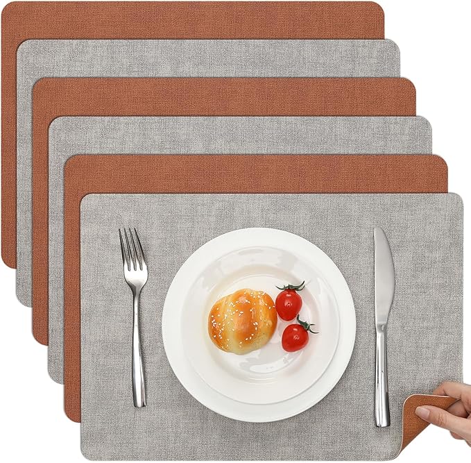 Myir JUN Reversible Vinyl Placemats Set of 6, Faux Leather Place Mats Dual Sided Waterproof Wipeable, Heat-Resistant Table Mats for Kitchen Dining Indoor Outdoor (12" x 17", Light Gray Reddish Brown)