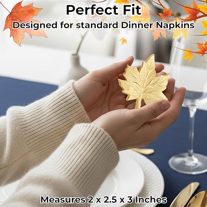 CLEENTABLE Maple Leaf Napkin Rings - Set of 12 Handcrafted Aluminum Napkin Holders for Cloth & Paper Napkins, Elegant Table Décor for Wedding Receptions Thanksgiving Christmas Holiday Parties (Gold)