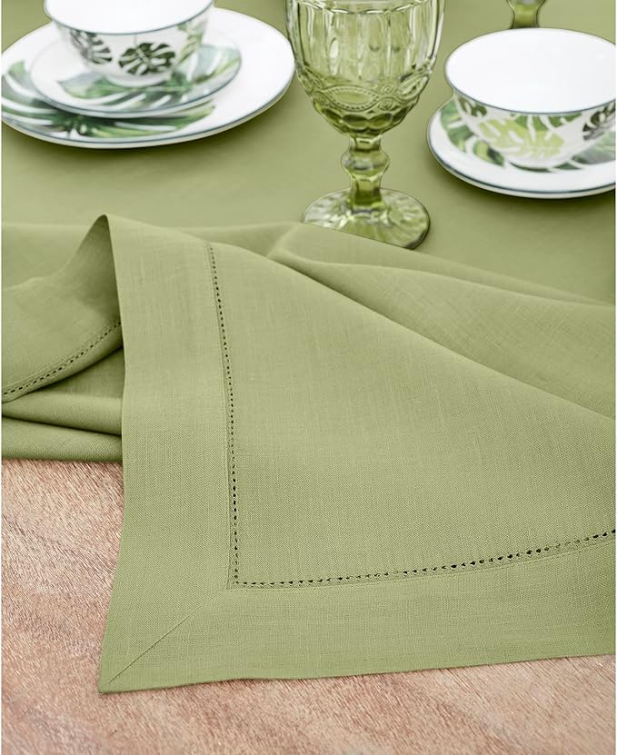 Solino Home Linen Tablecloth 60 x 144 Inch - Classic Hemstitch 100% Pure Linen Moss Green Table Cloth for Rectangle Tables - Machine Washable Tablecloth for Winter, Spring, St Patricks Day, Easter