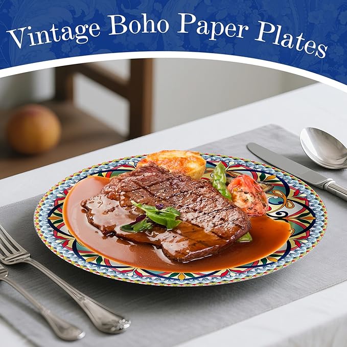 ZULYSTO 100PCS Boho Paper Plates (50×7 Inch & 50×9 Inch)–Vintage Bohemian Style Disposable Plates, Dessert Party Dinner Plates, Dinnerware Plate Set for Birthday Gatherings