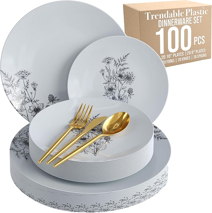 Trendables Fancy Plastic Dinnerware Sets 100 Pc 20 Guests Gold Silverware Disposable 20 X 10 Inch Charger Plates 20 X 8 Inch Dessert Plates 20 x Gold Plastic Forks and Spoons Knives In Dandelion Bloom