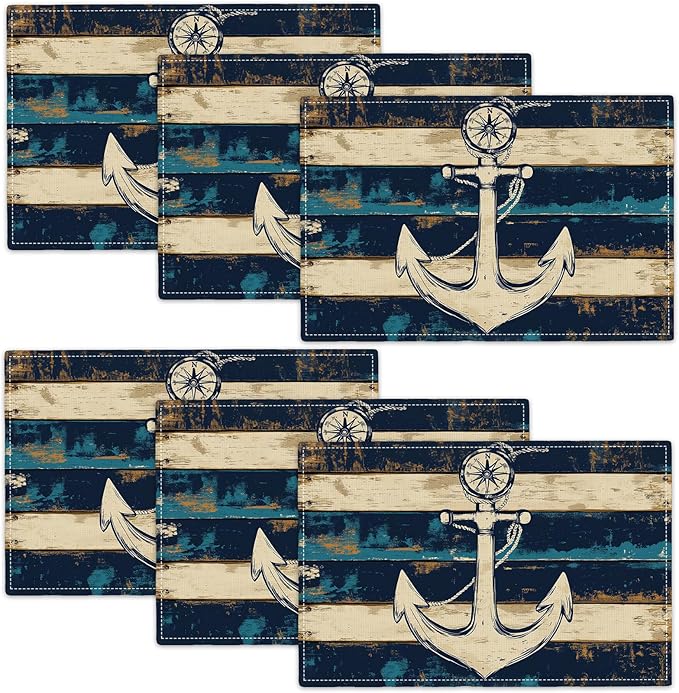 Nautical Placemats Set of 6, Coastal Anchor Place Mats, Rustic Beach Navy Blue Waterproof Washable Table Mats for Home Party Indoor Kitchen Dining Table Decoration 12x18 Inch