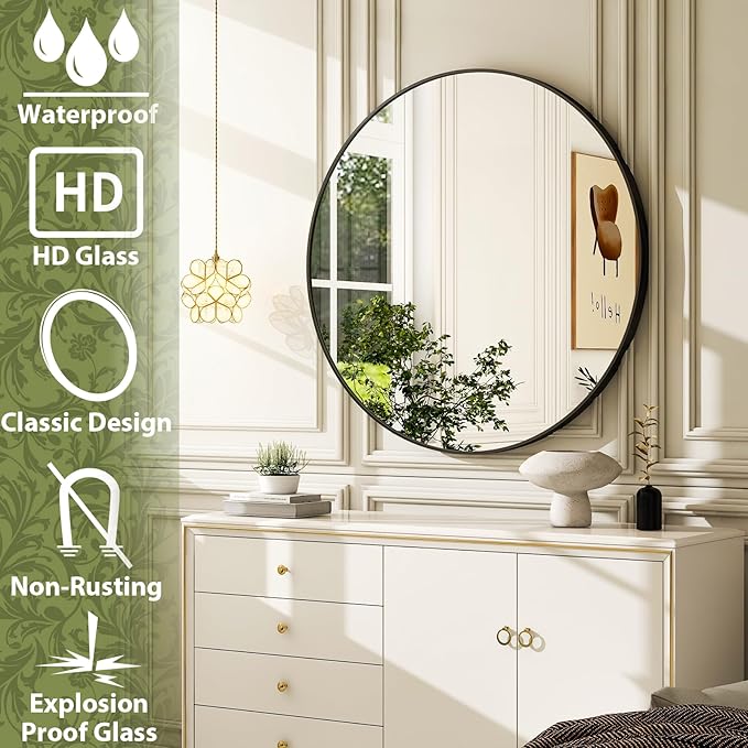36 Inch Round Bathroom Mirror - Black Wall Mounted Circle Mirror with Metal Frame, Modern Round Hanging Mirror Suitable for Bathroom, Vanity, Entryway, Living Room